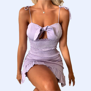 Women's Lavender Bodycon Mini  Spaghetti Strap Pleated Casual Breasted Dress