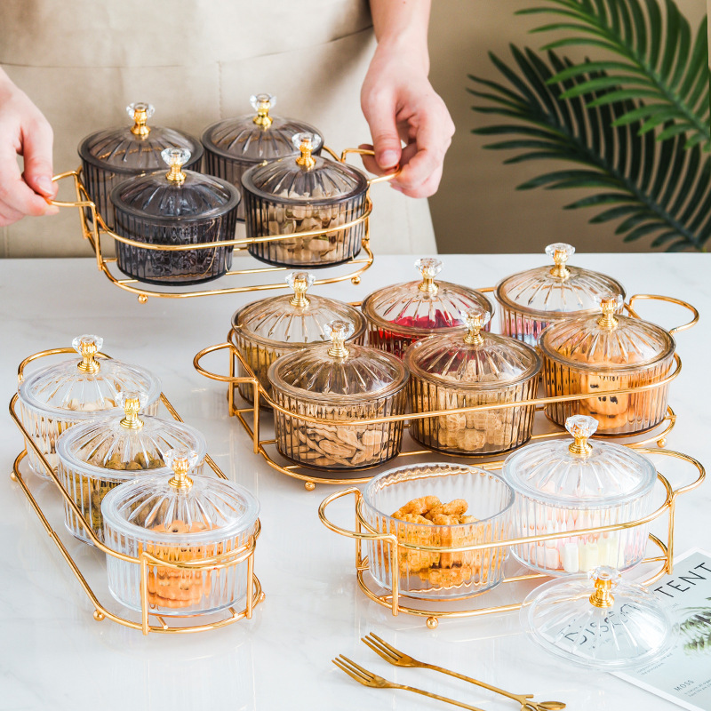 Transparent round shape dry fruit storage tray home dried fruit platter tray kitchen Nordic snack compote tray with iron rack