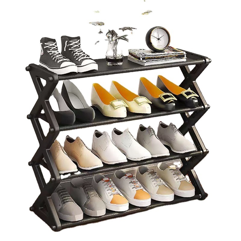 Multi-layer household shoe storage box X-shaped dust fold-able shoe storage organizer rack home plastic simple 4 layer shoe rack