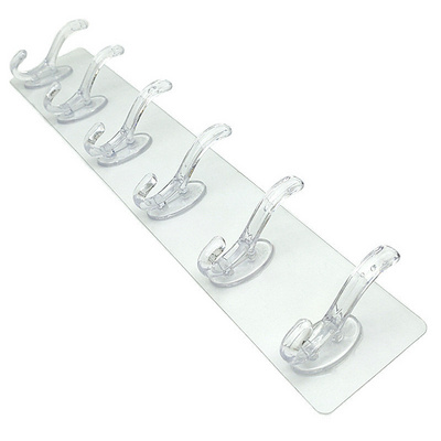 Household transparent six in row wall hook wall mounted no trace plastic sticky hooks kitchen non punching trackless wall hook