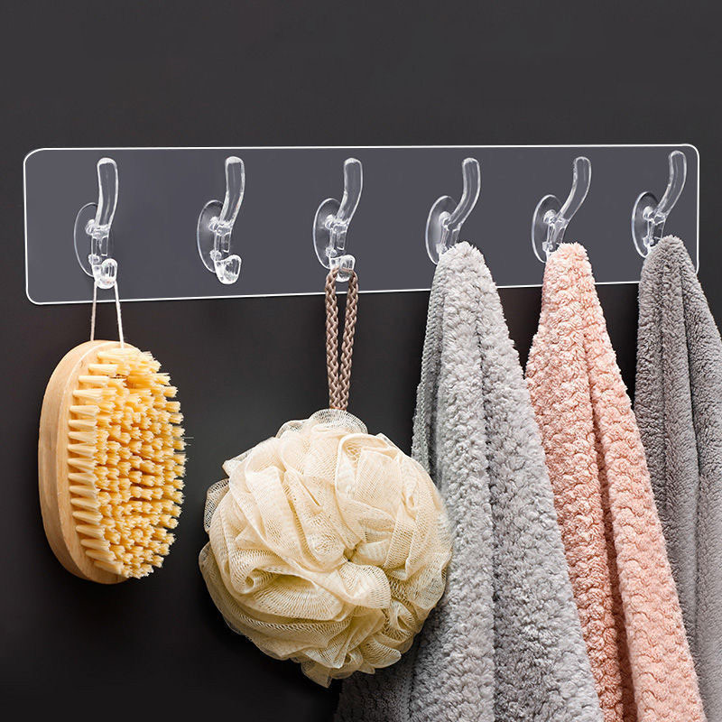 Household transparent six in row wall hook wall mounted no trace plastic sticky hooks kitchen non punching trackless wall hook