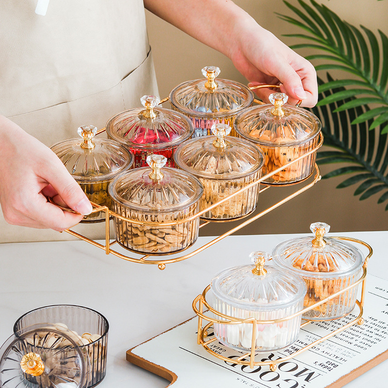 Transparent round shape dry fruit storage tray home dried fruit platter tray kitchen Nordic snack compote tray with iron rack