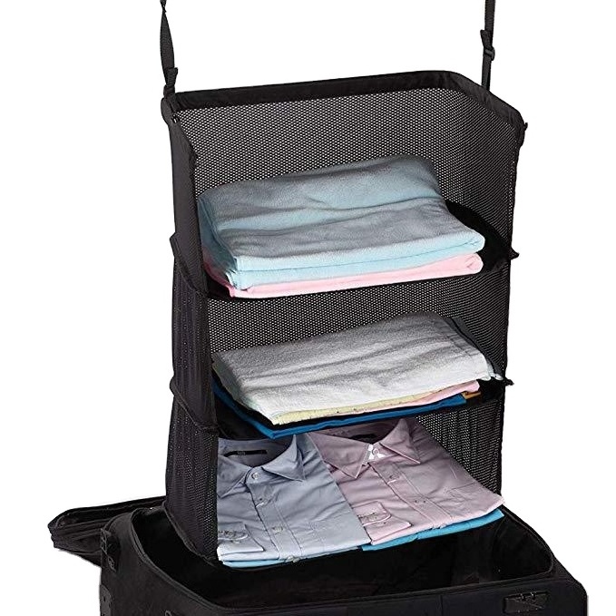 Travel luggage cube hanging organizer stacking racks 3 layers foldable hanging closet travel shelves