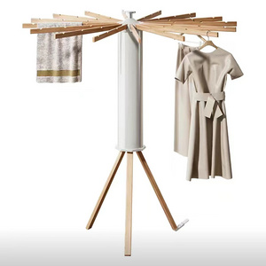 Balcony standing clothes drying tripod folding 16 pole wooden clothes drying rack household retractable space saving cloth rack