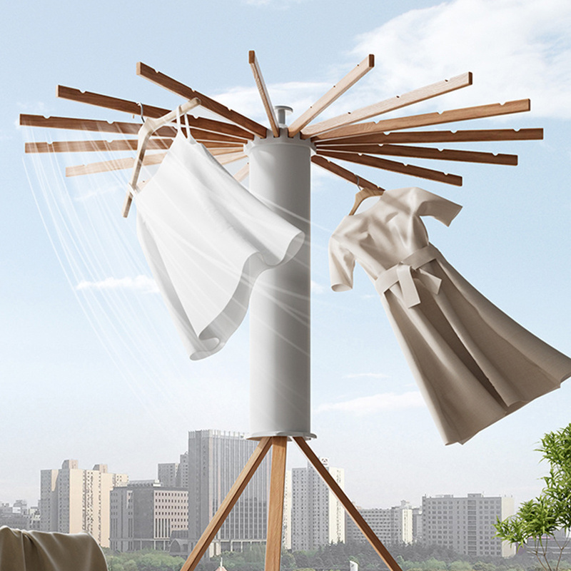 Household retractable wooden laundry rack portable standing clothes drying rack balcony multi-function clothes hanging rack