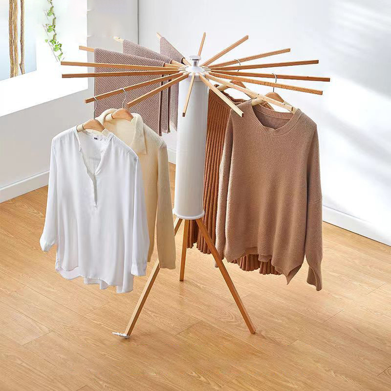 Balcony standing clothes drying tripod folding 16 pole wooden clothes drying rack household retractable space saving cloth rack