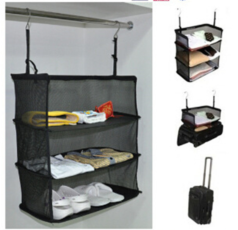 Travel luggage cube hanging organizer stacking racks 3 layers foldable hanging closet travel shelves