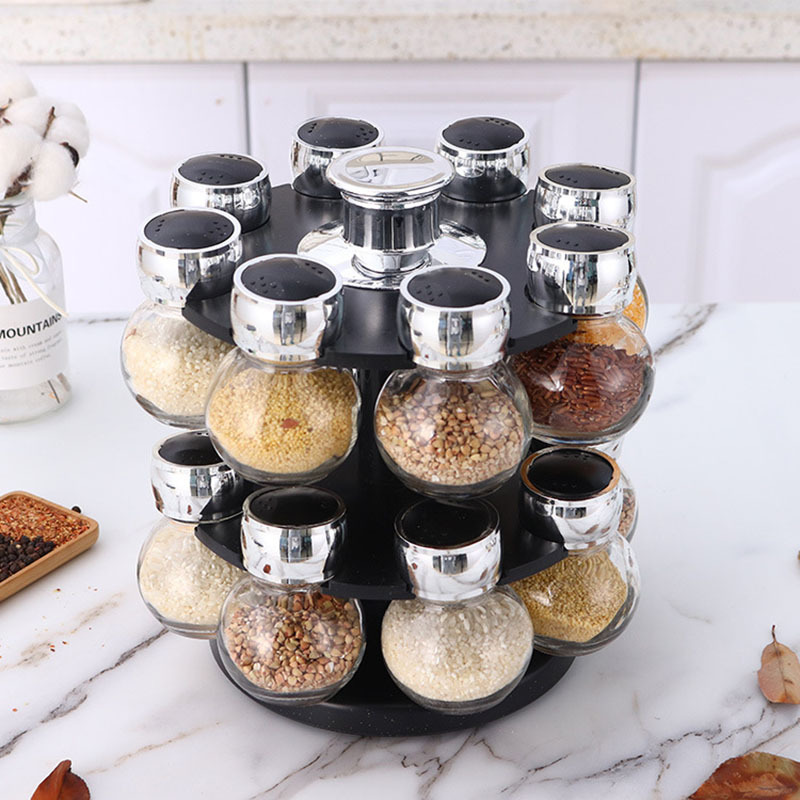 Kitchen mini barbecue seasoning bottle rack multi-function glass rotating spice rack household 16 jar spice bottle shelf