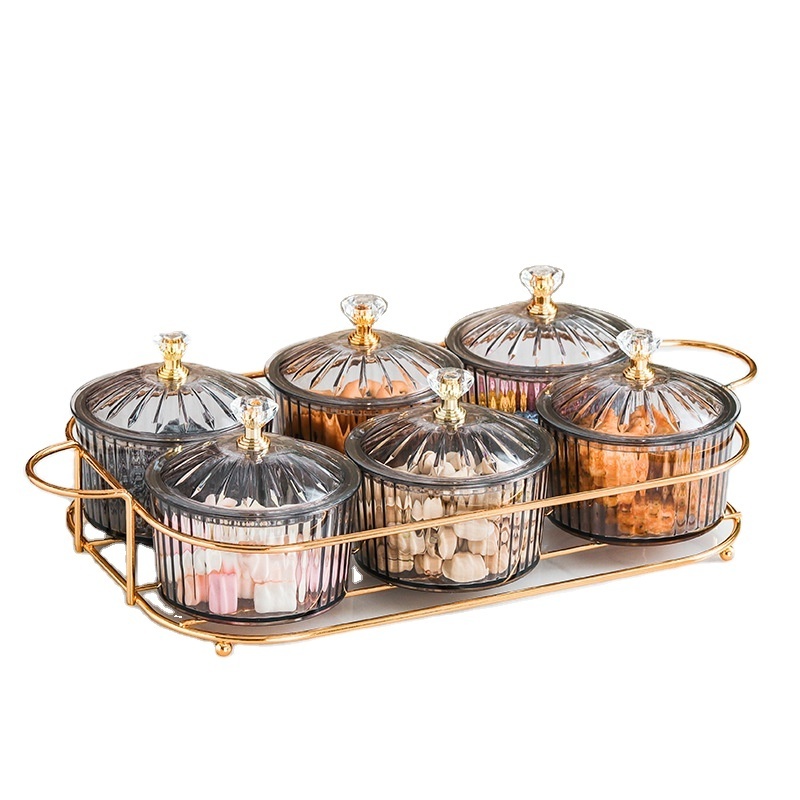 Transparent round shape dry fruit storage tray home dried fruit platter tray kitchen Nordic snack compote tray with iron rack