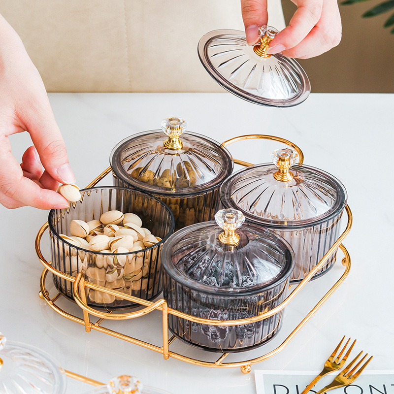 Transparent round shape dry fruit storage tray home dried fruit platter tray kitchen Nordic snack compote tray with iron rack