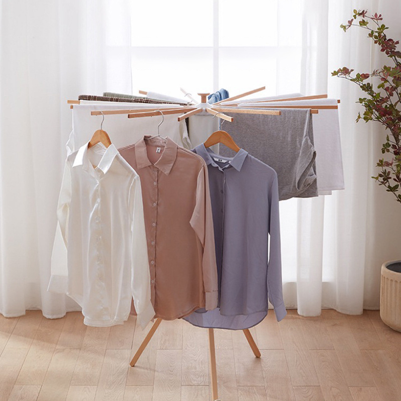 Household retractable wooden laundry rack portable standing clothes drying rack balcony multi-function clothes hanging rack