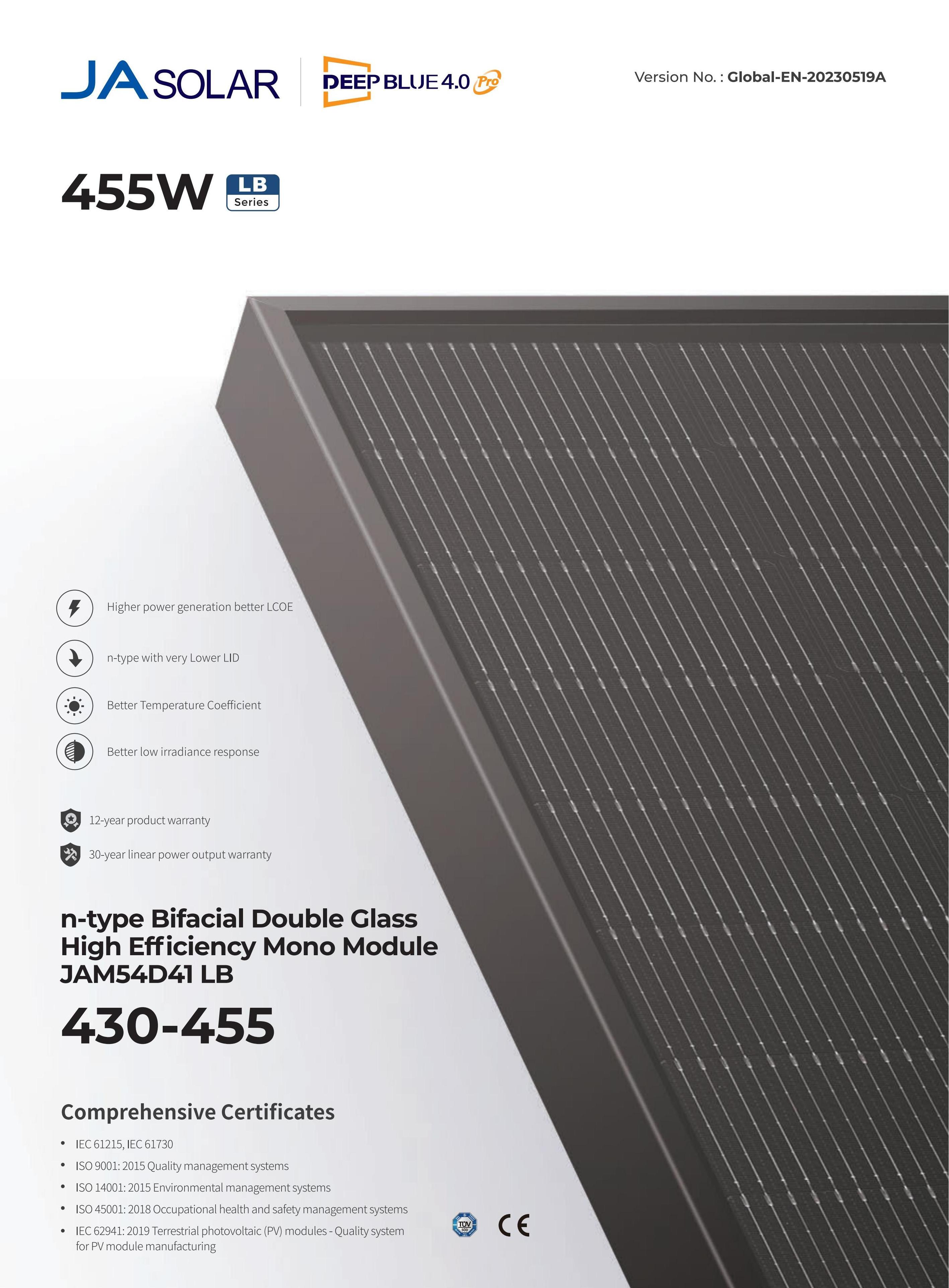 Ja Eu Warehouse Solar Panel 430W 435W 440W 445W 450W 455W Mono Ja Solar Panel Pannelli Solar 455W