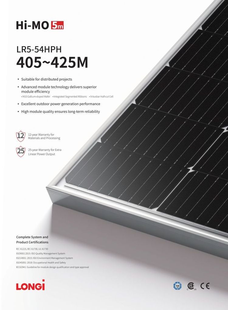 Original Longi Solar Panels A Grade Lr5-54Hph Solar Panel Longi 405W 410W 415W 420W 425W With 25 Years Warranty