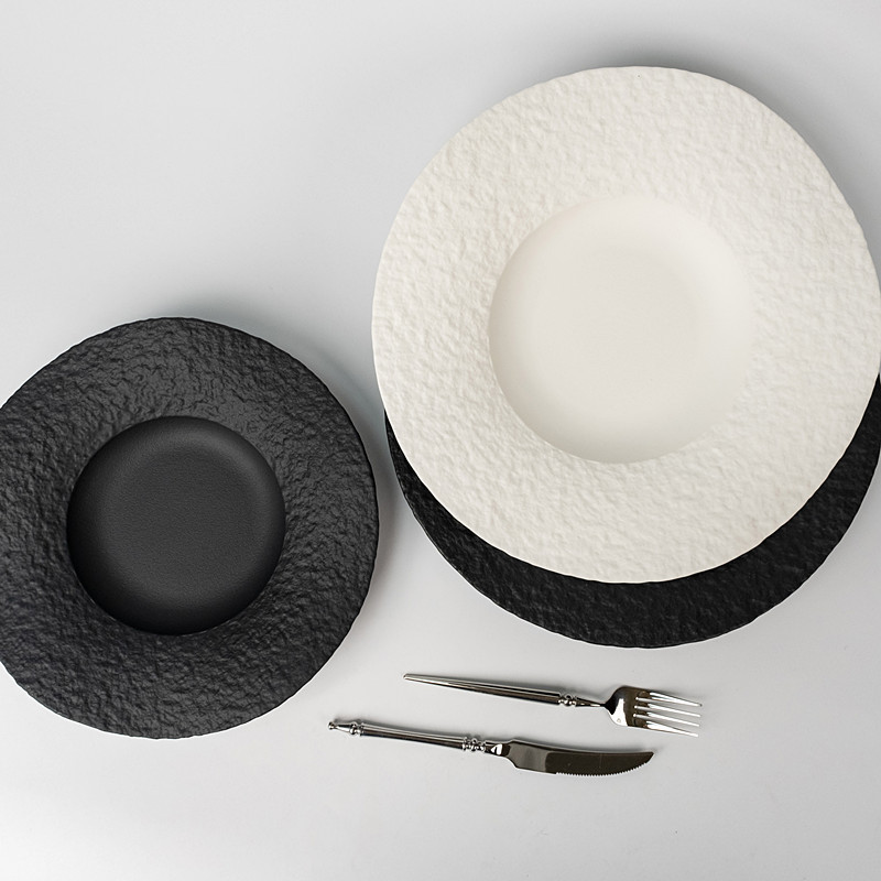 Nordic black white restaurant tableware plates wave-edge design matte porcelain dinner plate for hotel catering