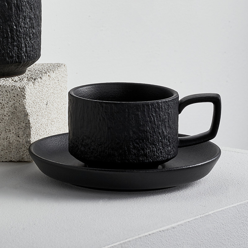 European Textured Matte Ceramic Cappuccino Coffee Cup Set Black White Porcelain Tea Cups and Saucers