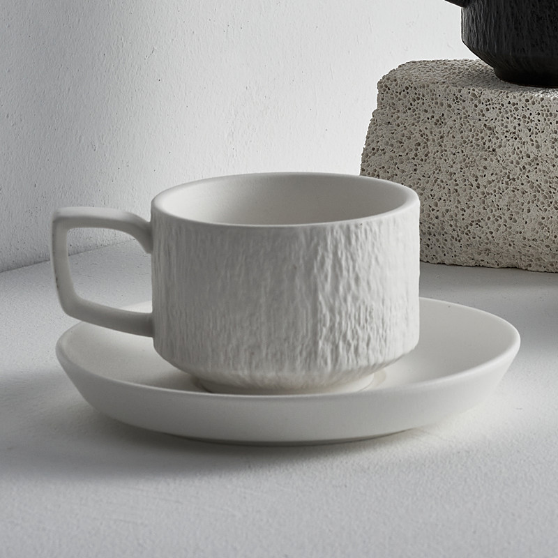 European Textured Matte Ceramic Cappuccino Coffee Cup Set Black White Porcelain Tea Cups and Saucers