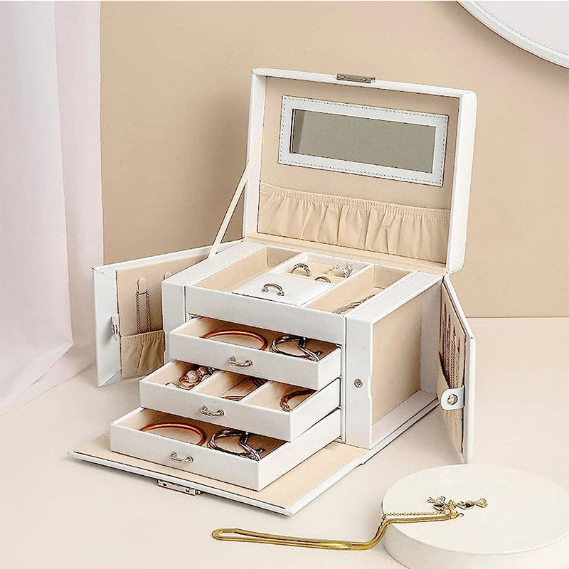 Modern white Small Mirror multi-drawer leather handle jewelry box for Necklace Ring Gift Jewelry organizer