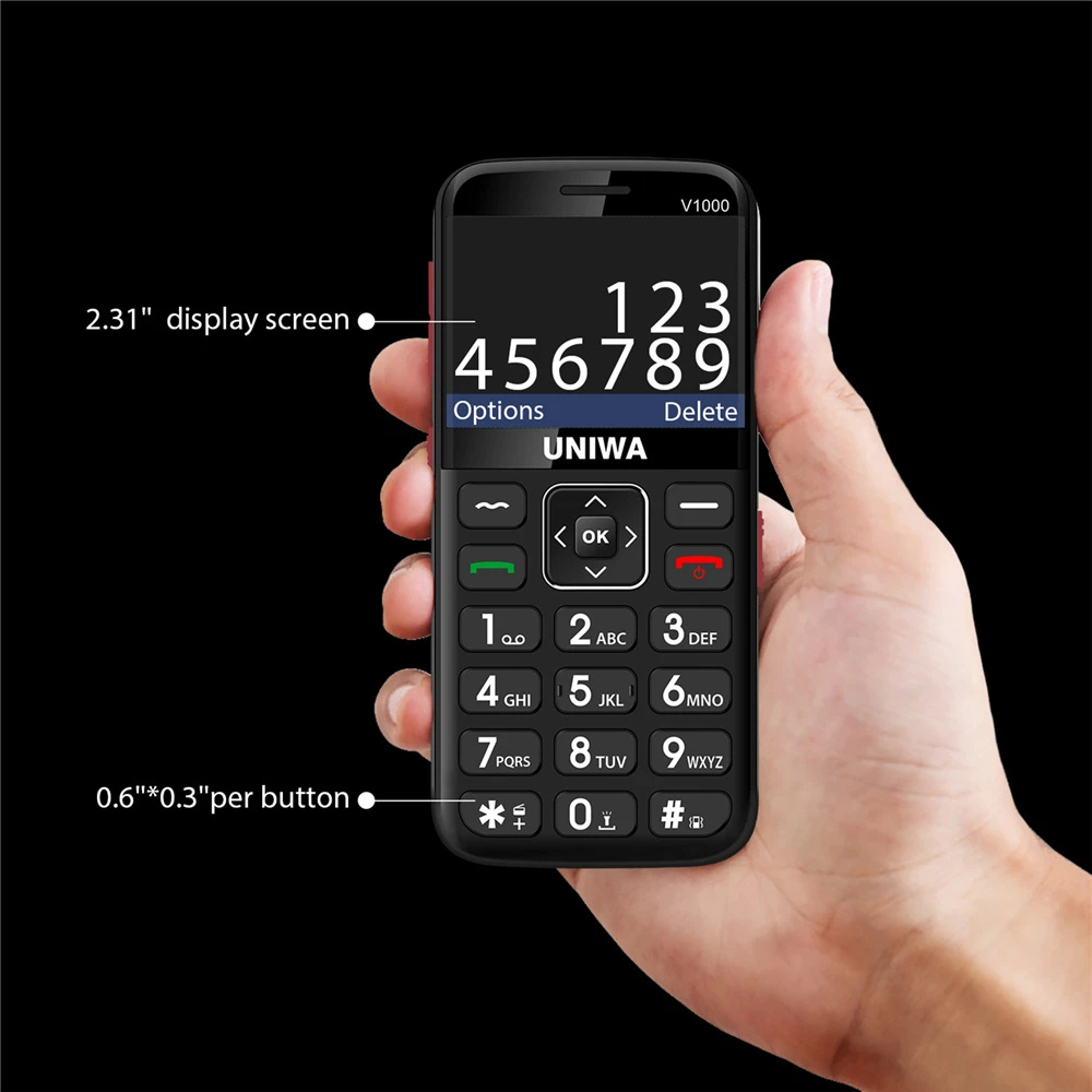 UNIWA V1000 English Keyboard Senior Feature Phone Strong Torch Big Push-Button Cellphone SOS Speed Dial 4G Mobile Phone