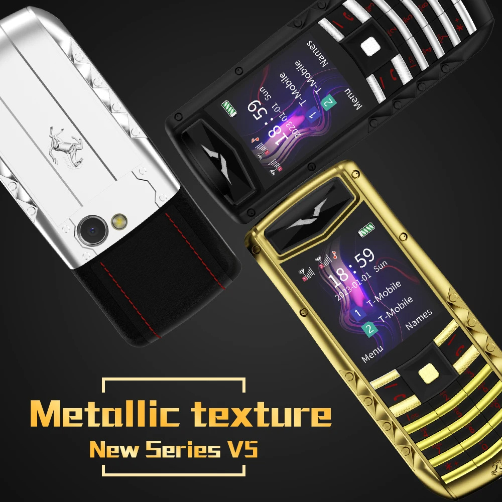 Unique Design V5 Mobile Phone Streamline Body Metal Frame 2G GSM Dual Sim LED Flashlight Magic Voice Keypad Feature phone