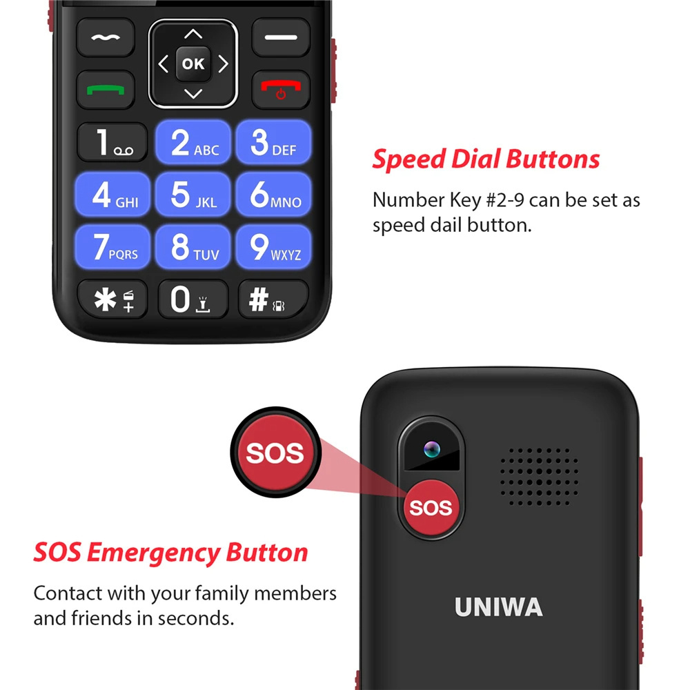 UNIWA V1000 English Keyboard Senior Feature Phone Strong Torch Big Push-Button Cellphone SOS Speed Dial 4G Mobile Phone