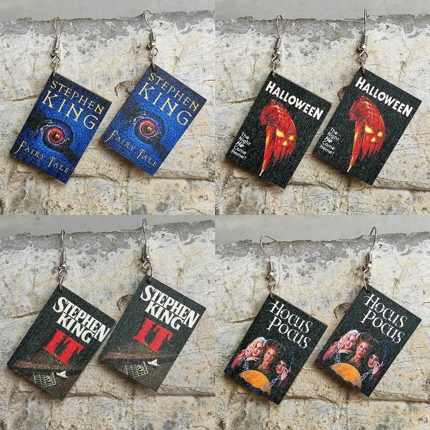 Halloween Horror Fiction Wood Book Cover Earrings for Women Newest Unique Halloween Jewelry Wholesale