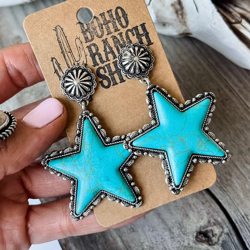 Texas Star Turquoise Natural Stone Post Earrings for Women Cowgirl Western Star Earrings with Stone Summer Trendy Punchy Rodeo