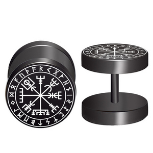 2pcs Viking Runes Black Earrings Shield Vegvisir 18 Gauges 10mm Stainless Steel Faux Ear Plugs for Women Men