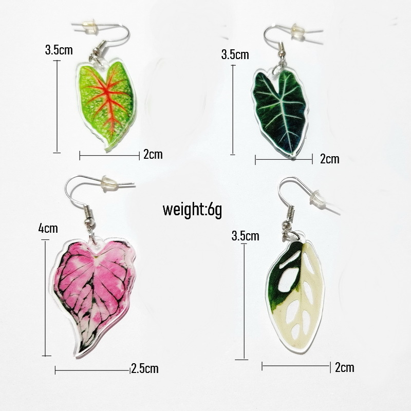 Trendy Green Pink Botanical Caladium Leaves UV Printing Acrylic Dangle Charm Earrings For Women Cute Plant Leaf Fashion Jewelry