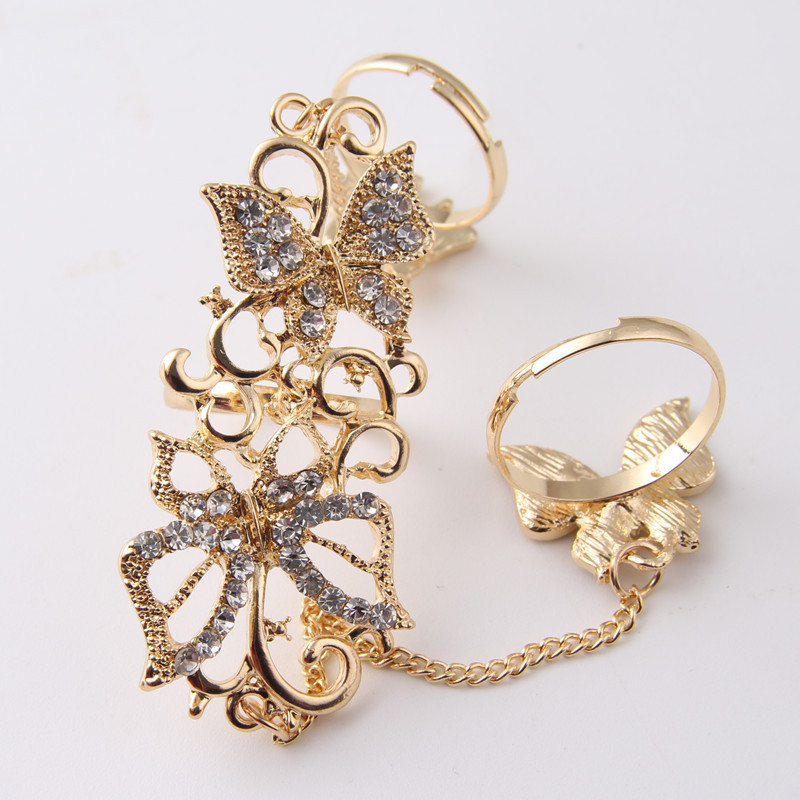 Fashion Butterfly Hollow Flower Rattan Crystal Resizable Multi-finger Ring