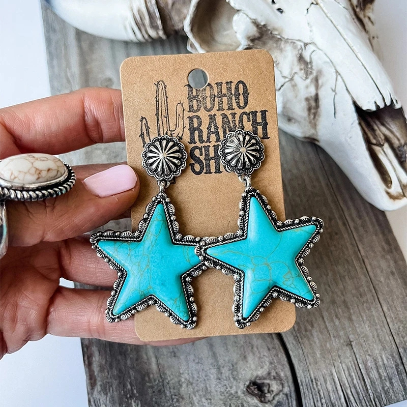 Texas Star Turquoise Natural Stone Post Earrings for Women Cowgirl Western Star Earrings with Stone Summer Trendy Punchy Rodeo