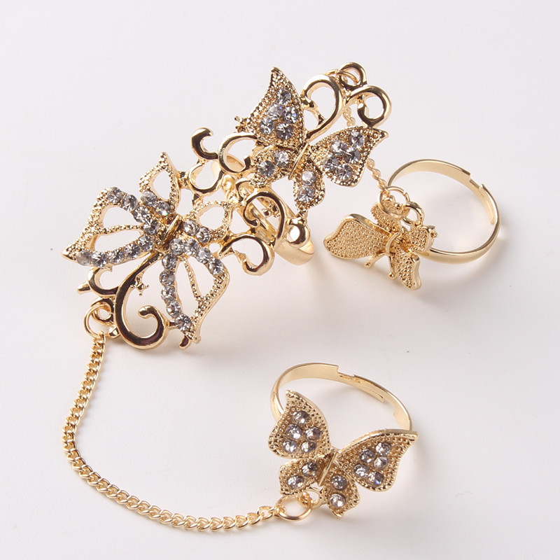 Fashion Butterfly Hollow Flower Rattan Crystal Resizable Multi-finger Ring