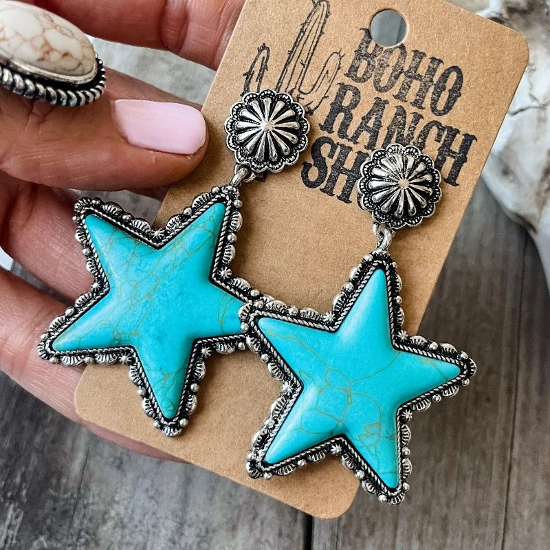 Texas Star Turquoise Natural Stone Post Earrings for Women Cowgirl Western Star Earrings with Stone Summer Trendy Punchy Rodeo