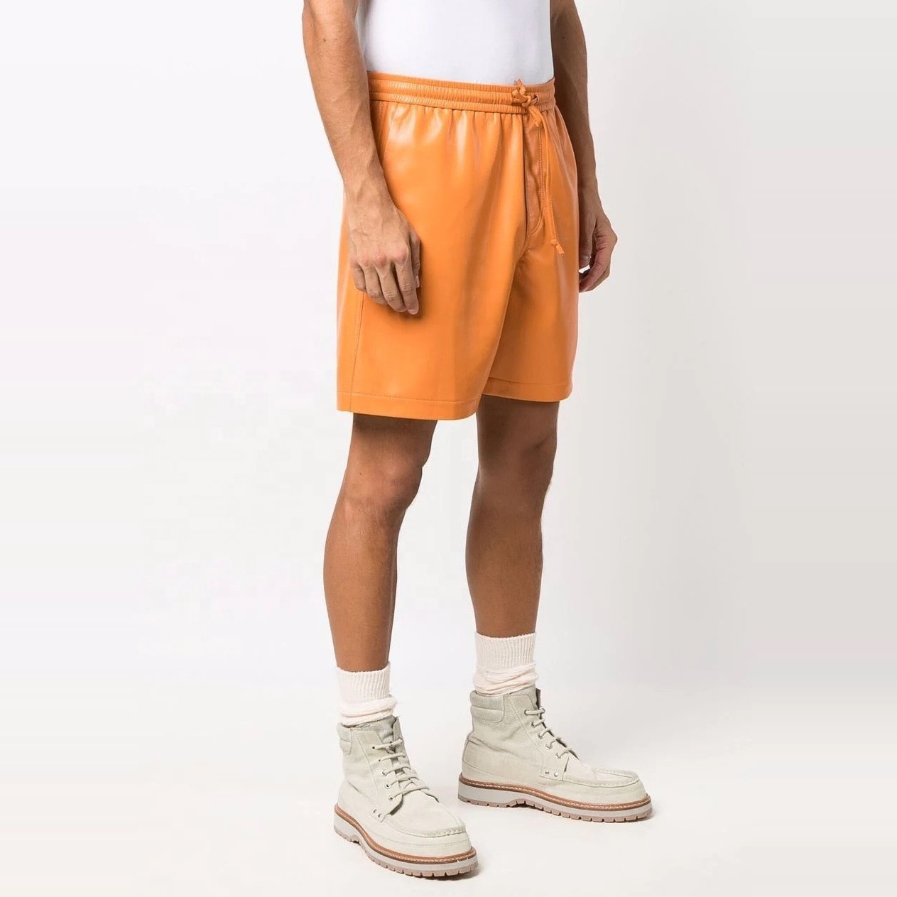 Fashion OEM High Street Designer Brand Orange Relaxed Fit Men's Vegan Orange Leather Shorts with Drawstring