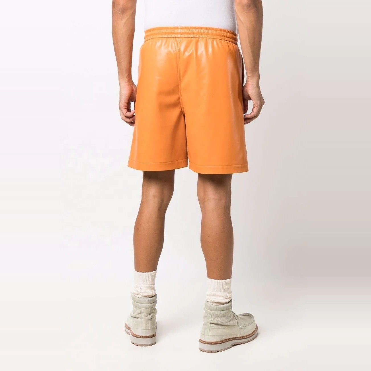 Fashion OEM High Street Designer Brand Orange Relaxed Fit Men's Vegan Orange Leather Shorts with Drawstring