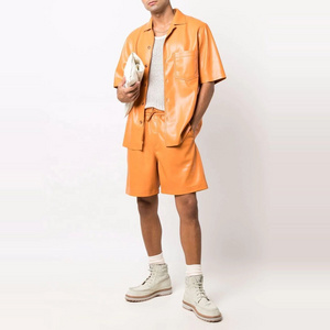 Fashion OEM High Street Designer Brand Orange Relaxed Fit Men's Vegan Orange Leather Shorts with Drawstring