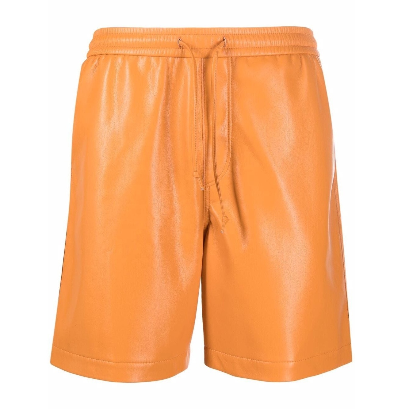 Fashion OEM High Street Designer Brand Orange Relaxed Fit Men's Vegan Orange Leather Shorts with Drawstring