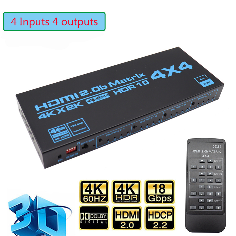 4K HDR 4x4 HDMI-compatible Matrix Switch HDCP 2.2 Switcher Splitter 4 In 4 Out Box with EDID Extractor and IR Remote Control