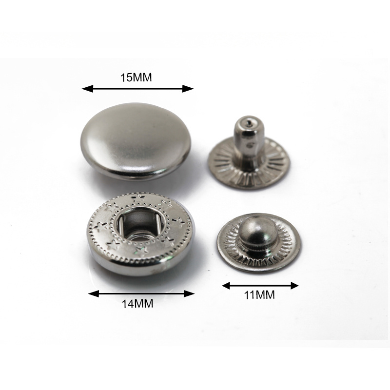 Nickel free Lead free shiny silver garment studs 15mm spring 4 part metal snap buttons for clothing