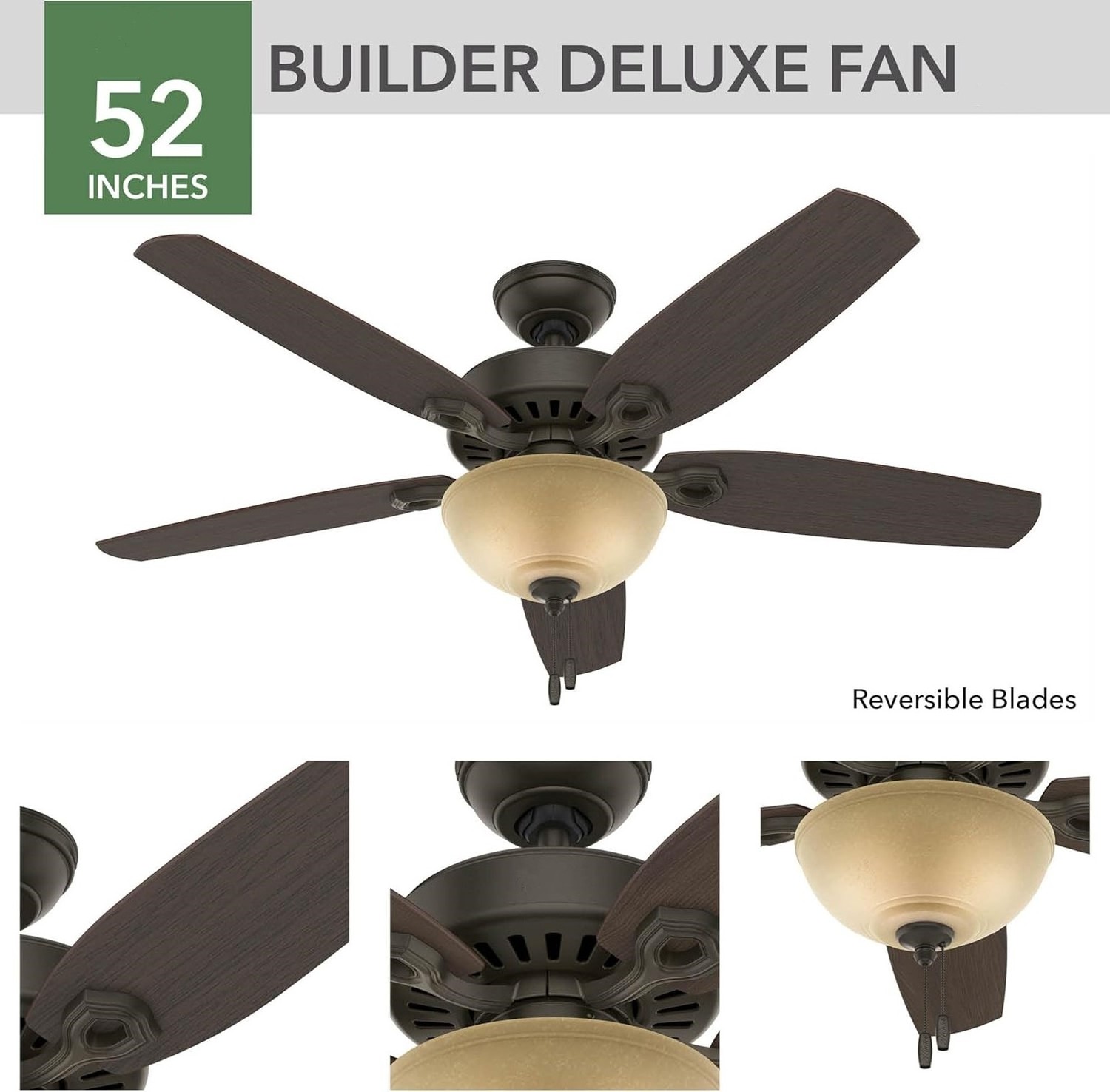 Indoor Ceiling Fan with Light Modern LED and Pull Chain Control, 52