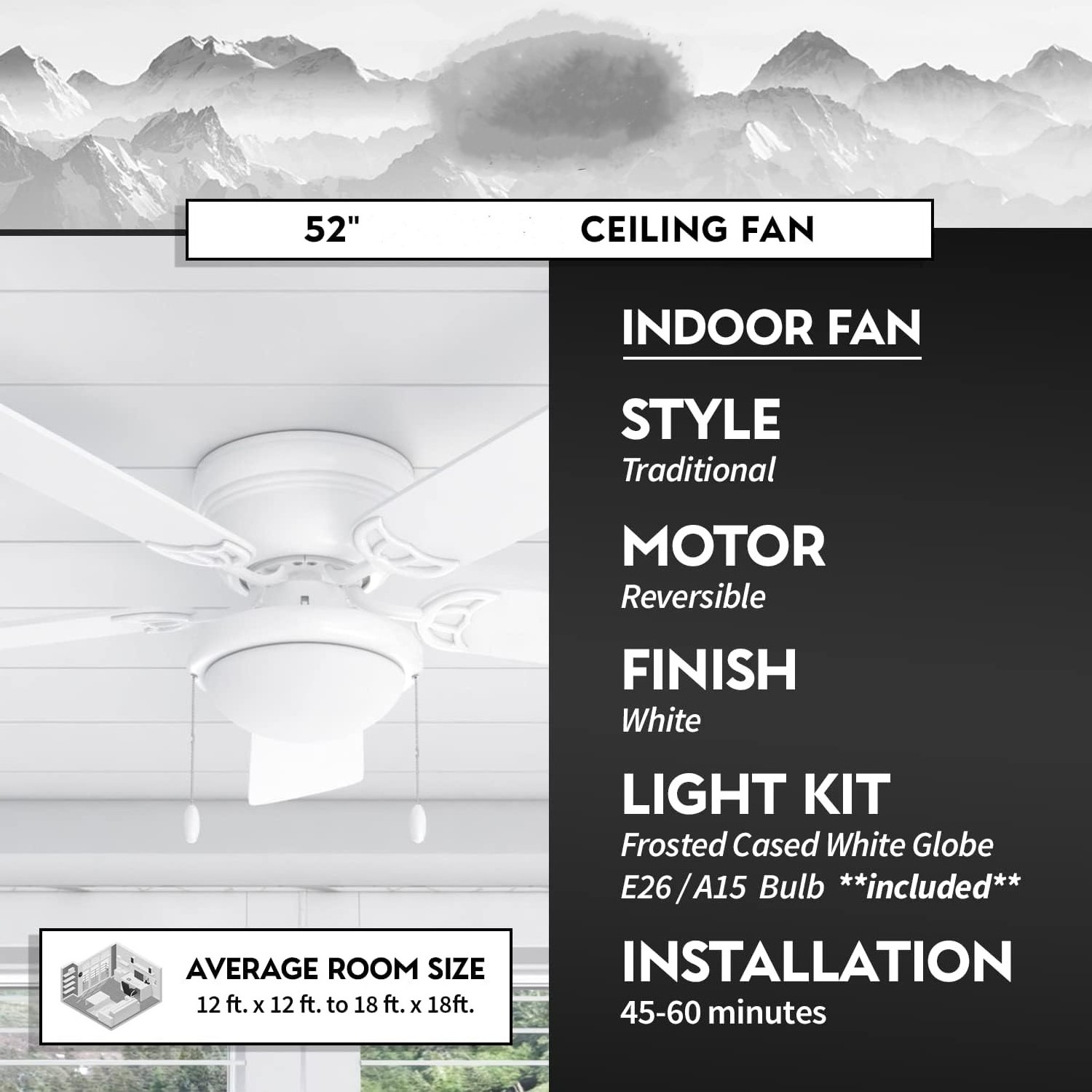 52 inch White Ceiling Fan Design with 5 Reversible Wooden Blades with Light Kit, Modern Simple Electric Metal Mechanical