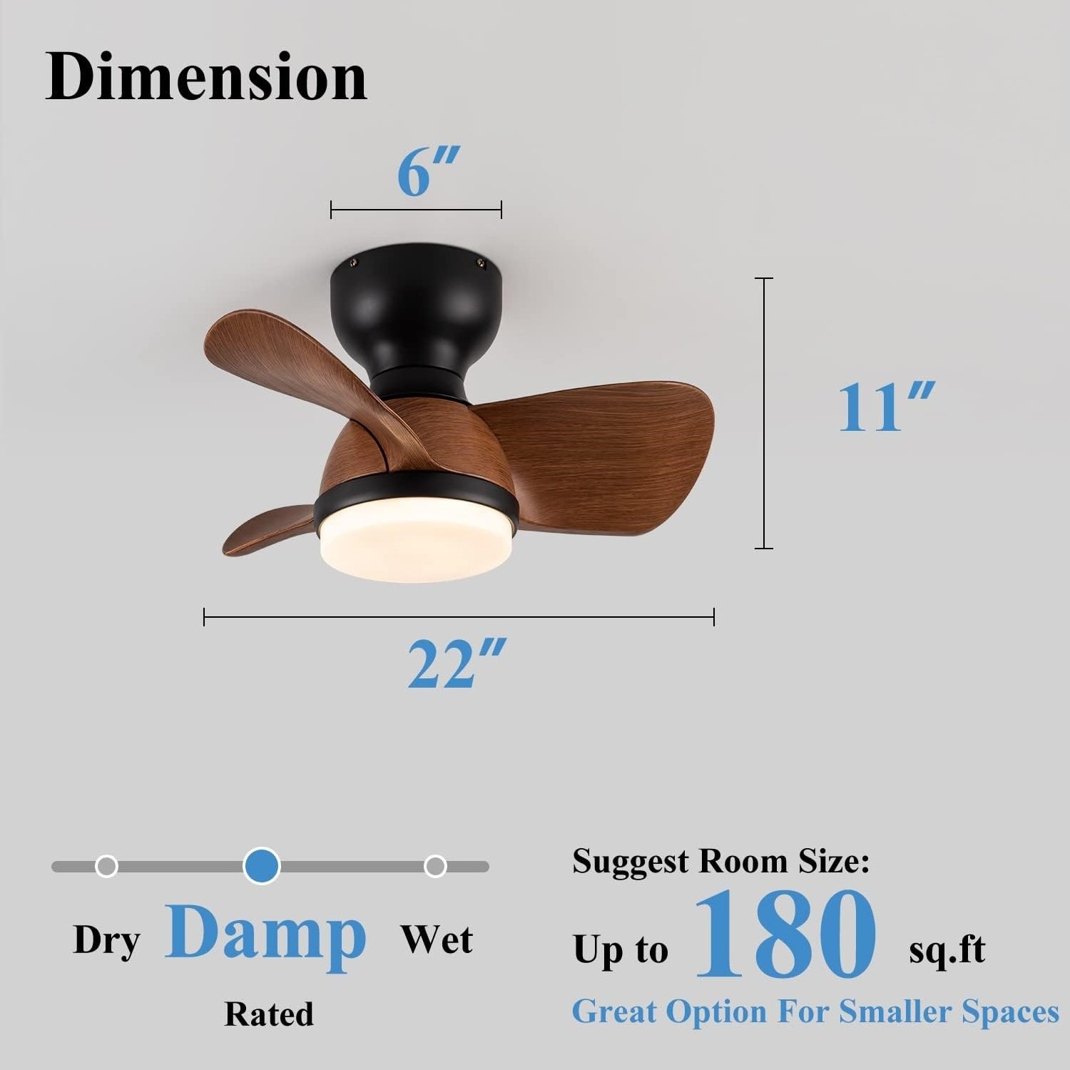 22 Inch Small Black Ceiling Fan with Lights, Modern Low Profile 3 Blade Ceiling Fans Flush Mount for Indoor and Outdoor Space