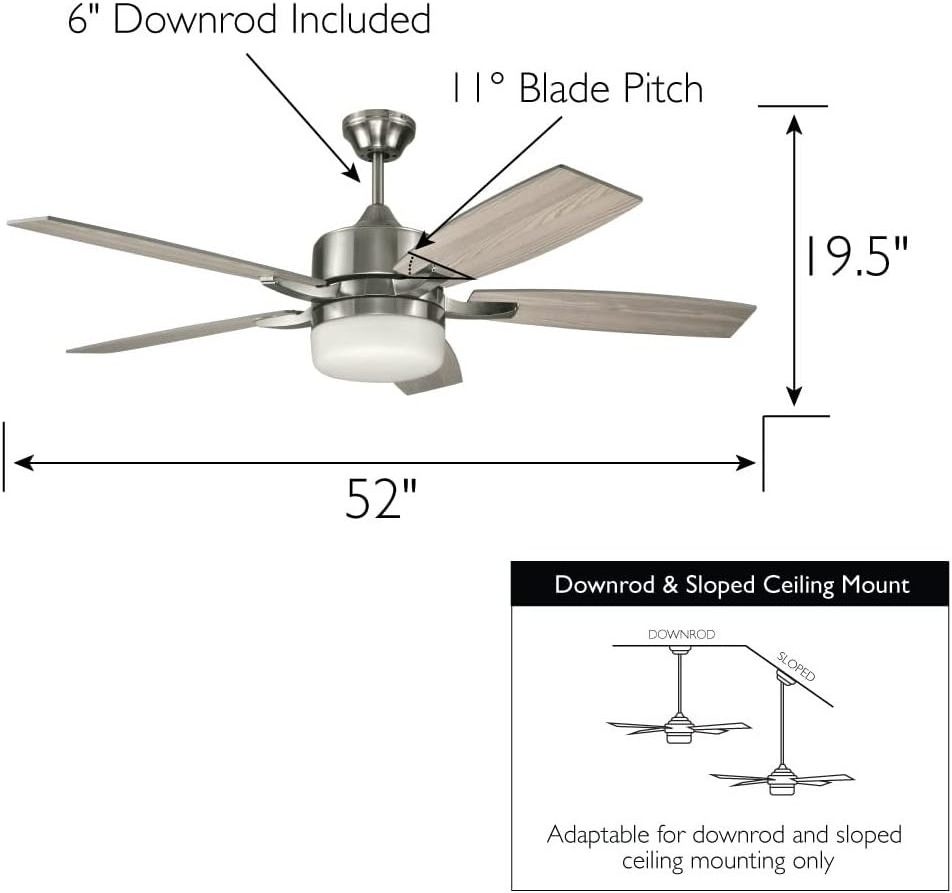 52-inch Five Blade Contemporary Indoor Ceiling Fan Remote Control Kit with LED Light Kit and Remote Control, Brushed Nickel