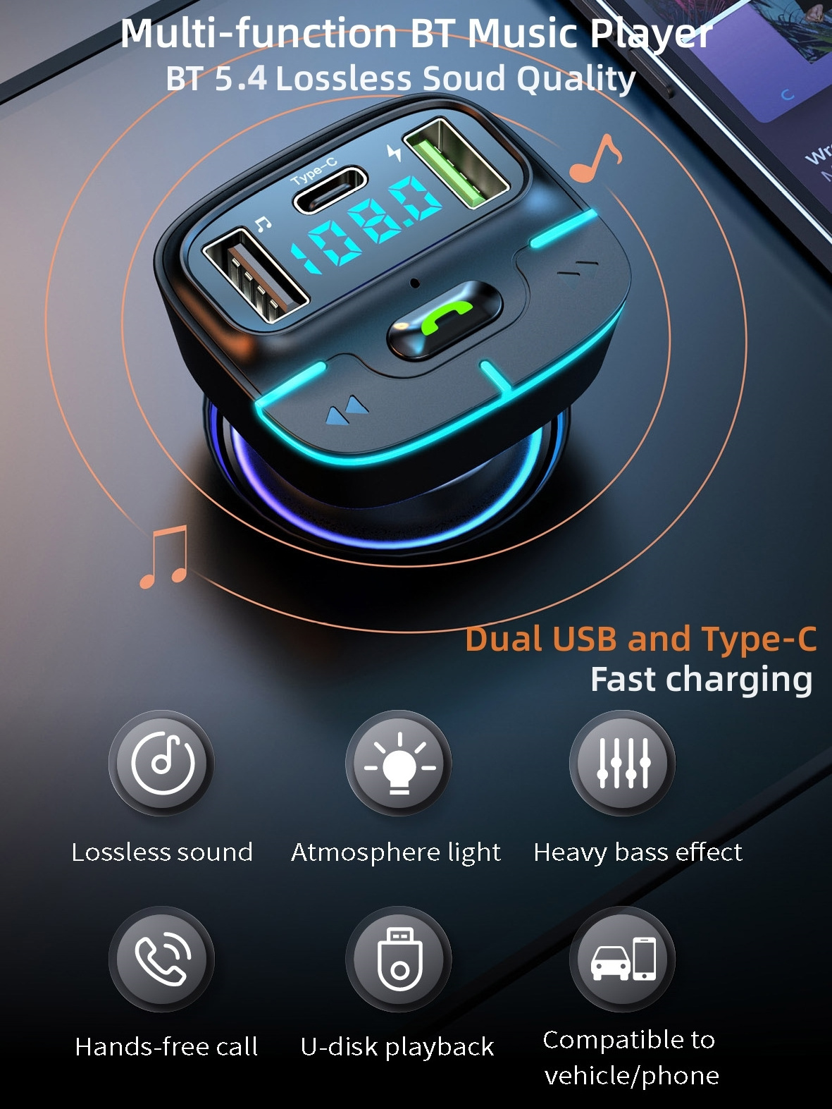 BT 5.4 CH Bass Wireless Handsfree Dual USB C Car Mp3 Player Kit Audio Fm Modulator PD QC Fast Charger Bluetooth Fm transmitter