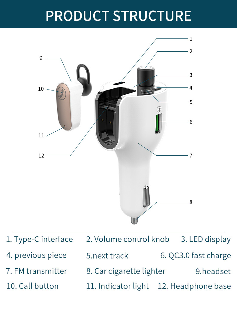 GXYKIT G52 Bluetooth 5.0  Car MP3 Player QC3.0 TYPE-C Port TWS earbuds Bluetooth earphone