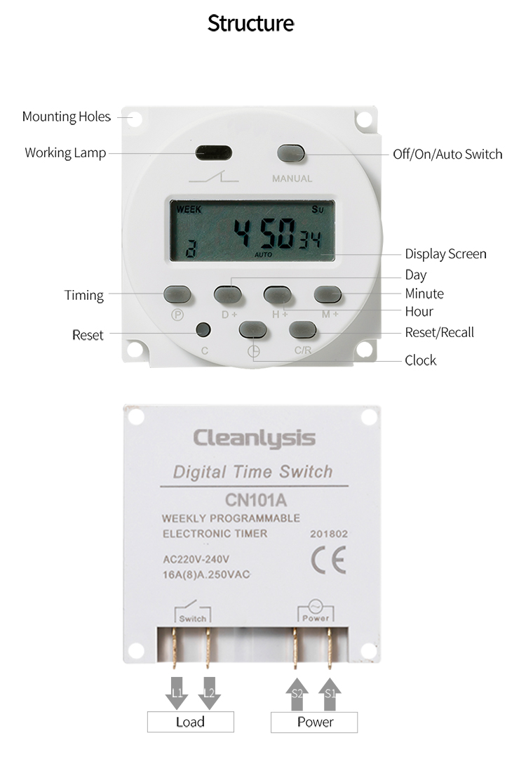 Digital LCD Time Switch 12V 24V 110V 240V Programmable Time Relay Street Lamp Billboard Timer Alarm Clock Switch CN101A