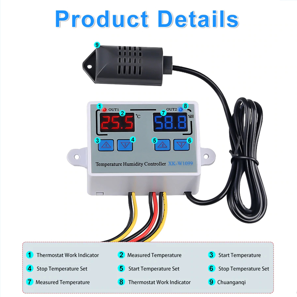 Incubator Cooling Heating Switch Thermostat NTC Sensor 12V 24V AC110-220V Digital Temperature Humidity Controller XK-W1099