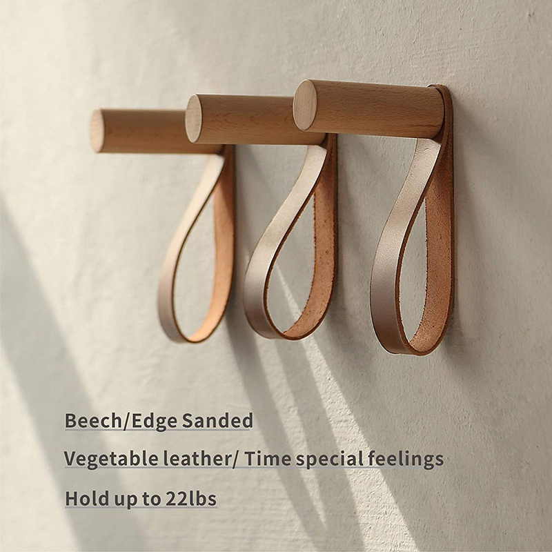 Beech Wood Wall Mounted Solid Wooden Coat Rack Hooks Wood Decorative Hooks With Leather