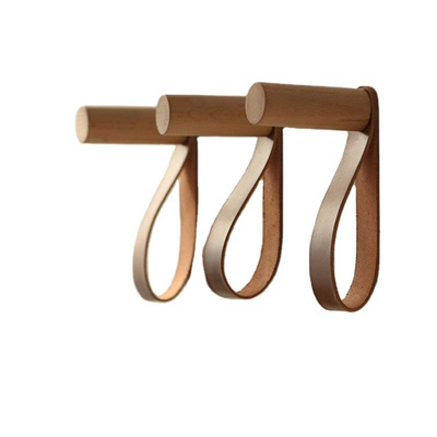 Beech Wood Wall Mounted Solid Wooden Coat Rack Hooks Wood Decorative Hooks With Leather