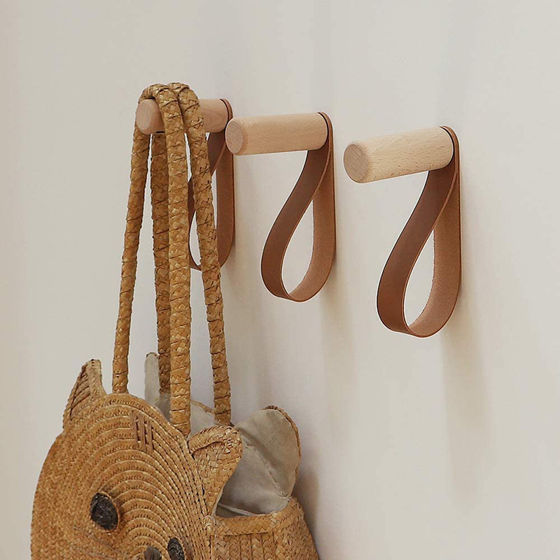 Beech Wood Wall Mounted Solid Wooden Coat Rack Hooks Wood Decorative Hooks With Leather