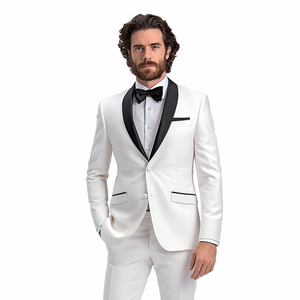 White Groom Suits 2 Pieces Coat Pants Wool  Polyester Single Breasted Breathable Shawl Lapel Men Suit